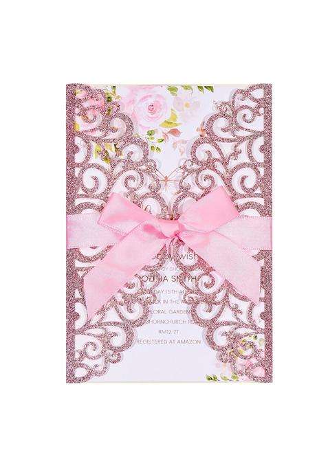 Mabbcoo 50Pcs Pink Glitter Wedding Invitations Envelopes and RSVP Cards and Pink Ribbon Laser Cut Invitation