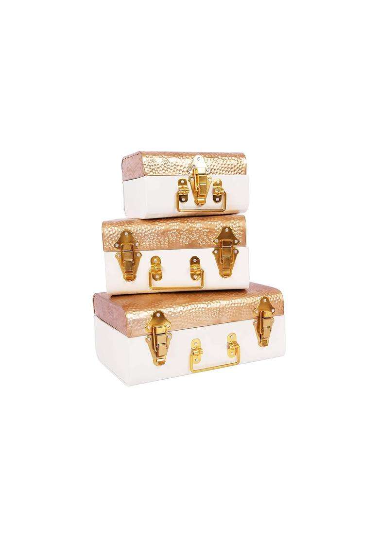Indian Artisans Metal Trunk Gift Box Golden and Ivory Colour Improved Quality Bridal Storage Set of 3 - Indya