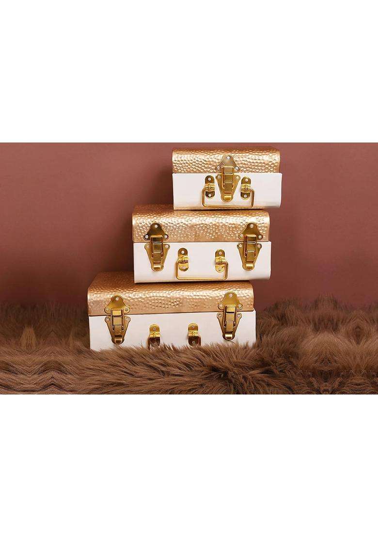 Indian Artisans Metal Trunk Gift Box Golden and Ivory Colour Improved Quality Bridal Storage Set of 3 - Indya