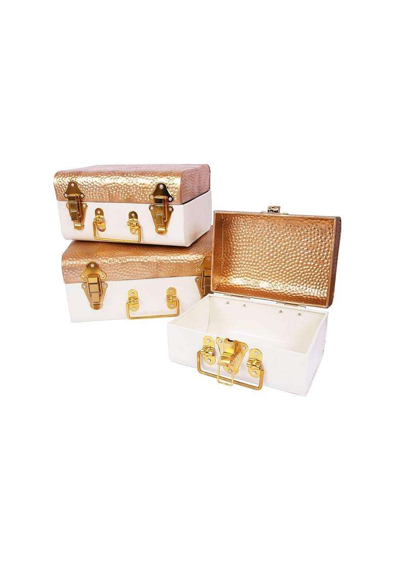 Indian Artisans Metal Trunk Gift Box Golden and Ivory Colour Improved Quality Bridal Storage Set of 3 - Indya