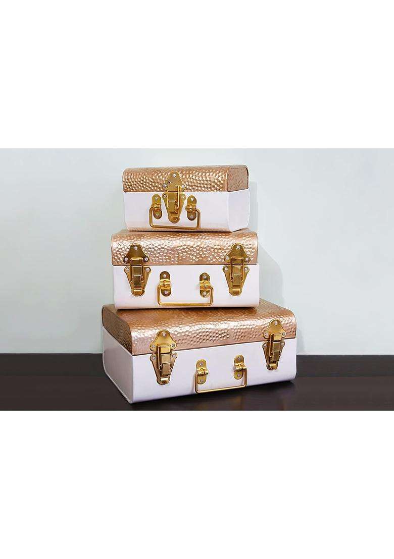 Indian Artisans Metal Trunk Gift Box Golden and Ivory Colour Improved Quality Bridal Storage Set of 3 - Indya