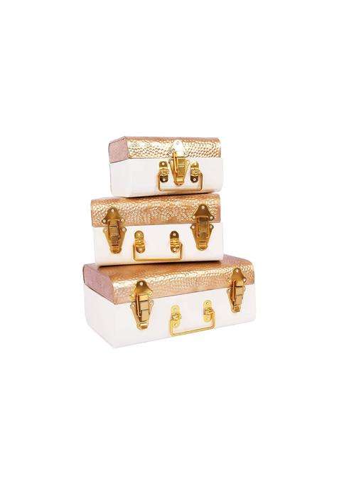 Indian Artisans Metal Trunk Gift Box Golden and Ivory Colour Improved Quality Bridal Storage Set of 3