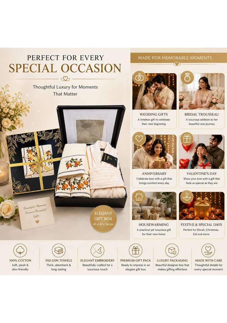 Senses by Riba Luxury Wedding Trousseau Gift Set 5 Pcs Ivory Cotton Bathrobe Embroidered Bath and Hand Towels - Indya