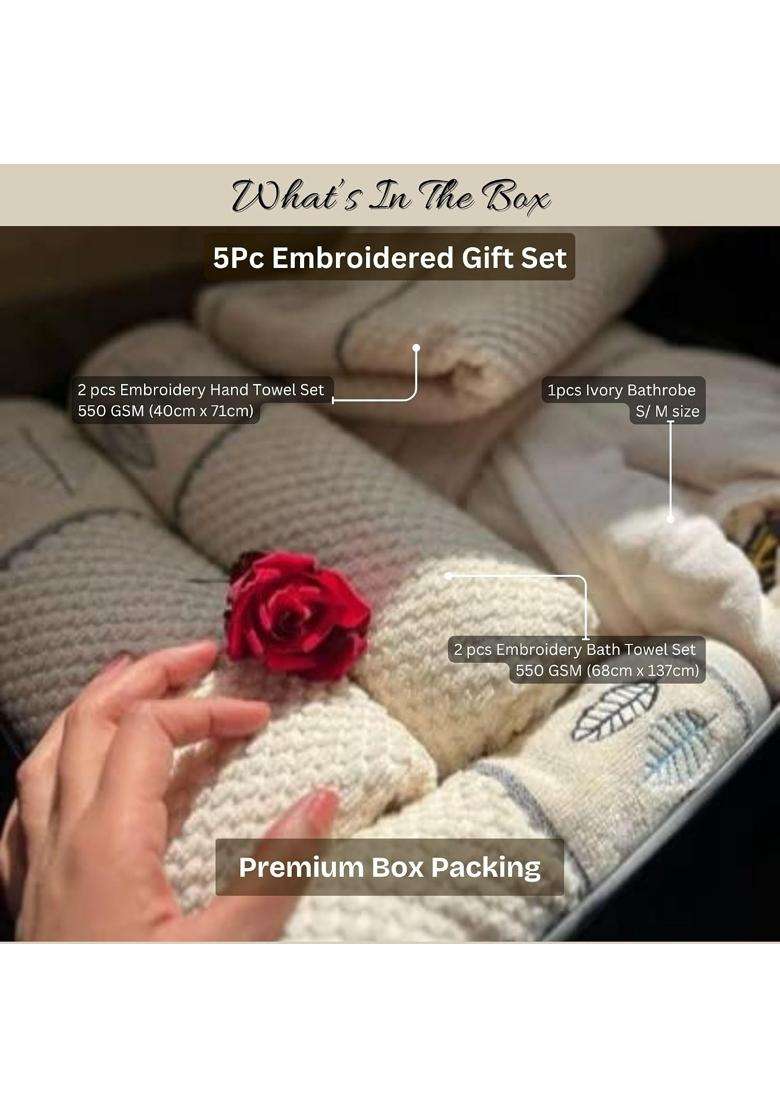 Senses by Riba Luxury Wedding Trousseau Gift Set 5 Pcs Ivory Cotton Bathrobe Embroidered Bath and Hand Towels - Indya