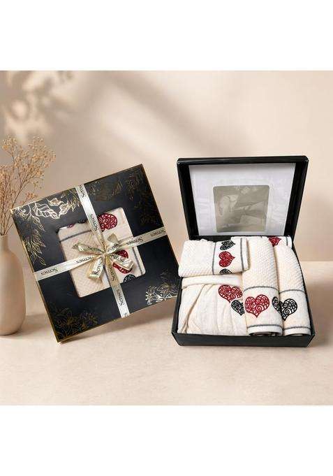 Senses by Riba Luxury Wedding Trousseau Gift Set 5 Pcs Ivory Cotton Bathrobe Embroidered Bath and Hand Towels