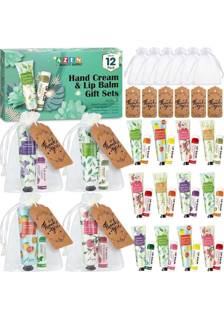 AZEN 12 Sets Bulk Gifts Hand Cream and Lip Balm Bulk Set with Organza Bag Thank You Card - Indya
