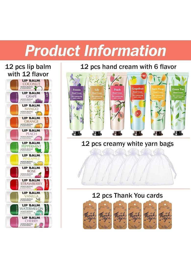 AZEN 12 Sets Bulk Gifts Hand Cream and Lip Balm Bulk Set with Organza Bag Thank You Card - Indya
