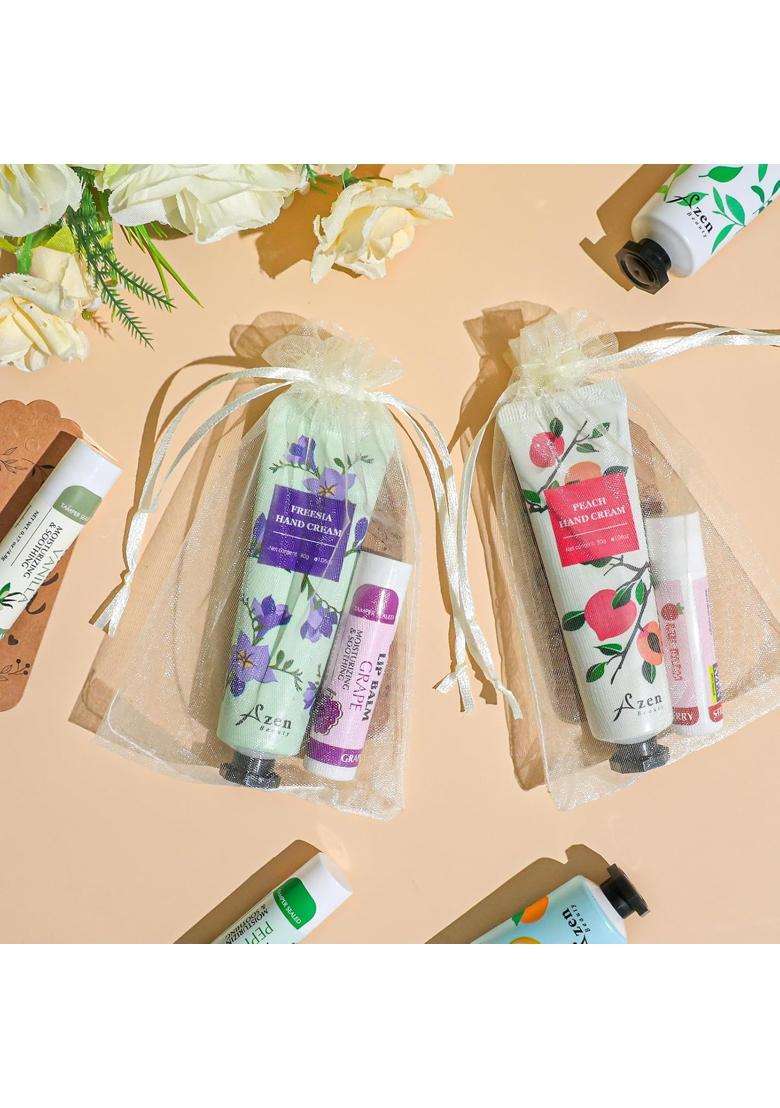 AZEN 12 Sets Bulk Gifts Hand Cream and Lip Balm Bulk Set with Organza Bag Thank You Card - Indya