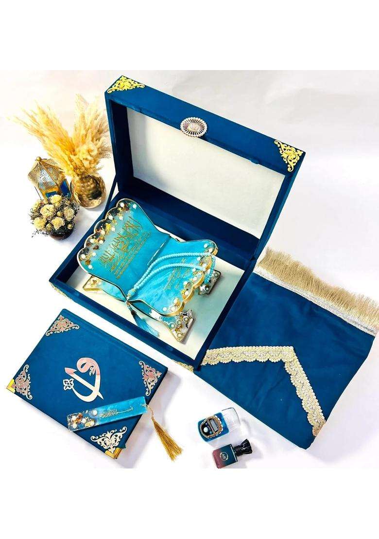 AL Hadaya Turquoise Luxury Bridal Quran Gift Set with Prayer Mat Tasbih Beads Digital Counter Rehal and Attar - Indya