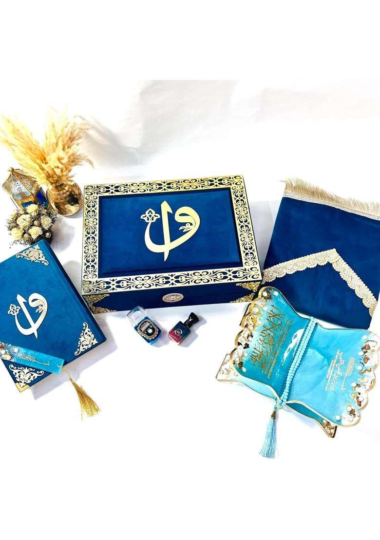 AL Hadaya Turquoise Luxury Bridal Quran Gift Set with Prayer Mat Tasbih Beads Digital Counter Rehal and Attar - Indya