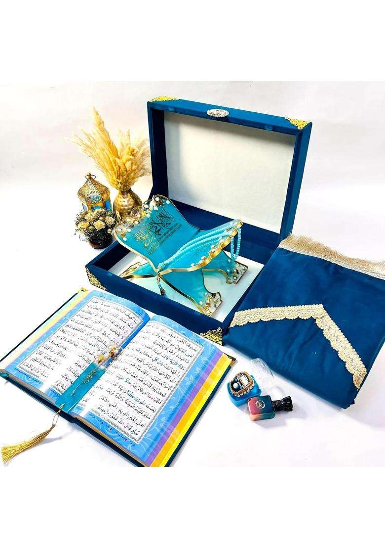 AL Hadaya Turquoise Luxury Bridal Quran Gift Set with Prayer Mat Tasbih Beads Digital Counter Rehal and Attar - Indya