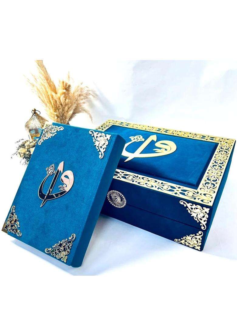 AL Hadaya Turquoise Luxury Bridal Quran Gift Set with Prayer Mat Tasbih Beads Digital Counter Rehal and Attar - Indya