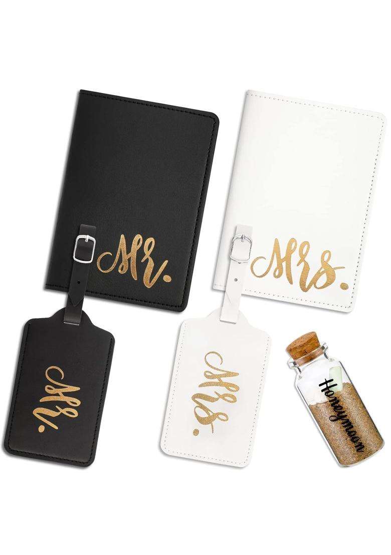 Saintrygo 5 Pcs Mr and Mrs Passport Holder Cover Valentines Day Bridal Gift Travel Luggage Tag Honeymoon Set - Indya