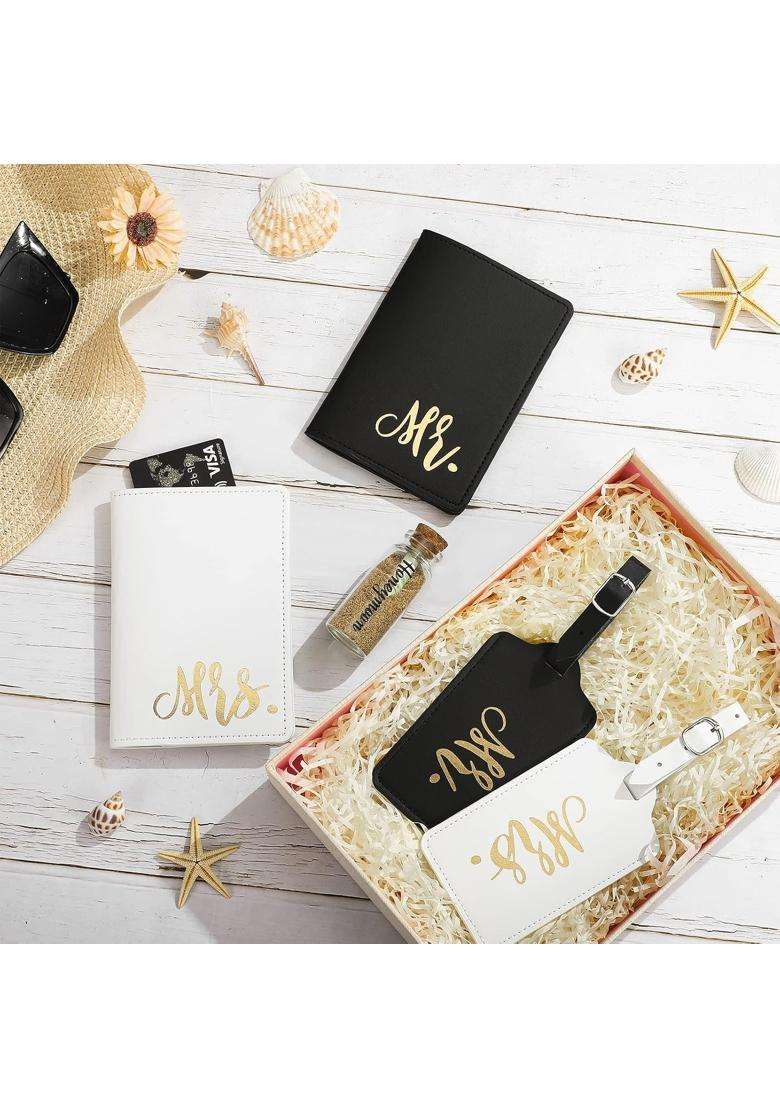 Saintrygo 5 Pcs Mr and Mrs Passport Holder Cover Valentines Day Bridal Gift Travel Luggage Tag Honeymoon Set - Indya