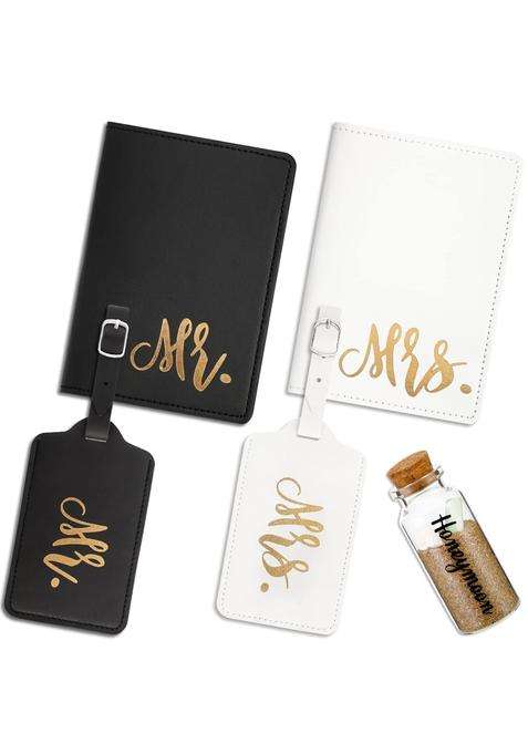 Saintrygo 5 Pcs Mr and Mrs Passport Holder Cover Valentines Day Bridal Gift Travel Luggage Tag Honeymoon Set