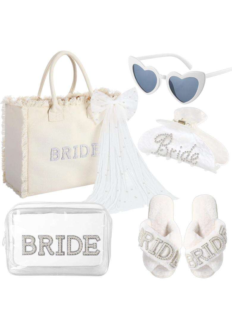 Blosssound Multicolour 5 Pcs Bride Gifts Set Include Bride Bag Cosmetic Bag Sunglasses Slippers Hair Clip - Indya