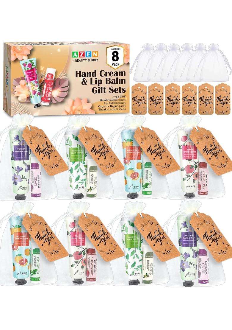 AZEN 8 Sets Bulk Gifts Hand Cream and Lip Balm Bulk Set with Organza Bag Thank You Card - Indya