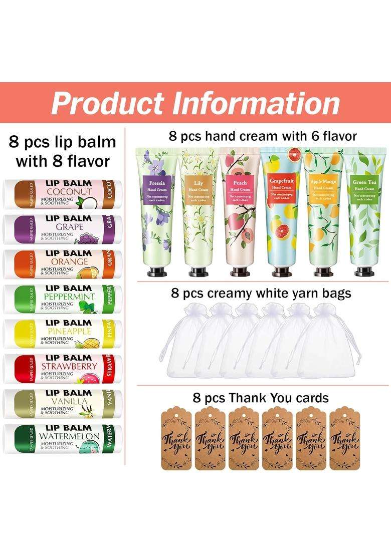 AZEN 8 Sets Bulk Gifts Hand Cream and Lip Balm Bulk Set with Organza Bag Thank You Card - Indya