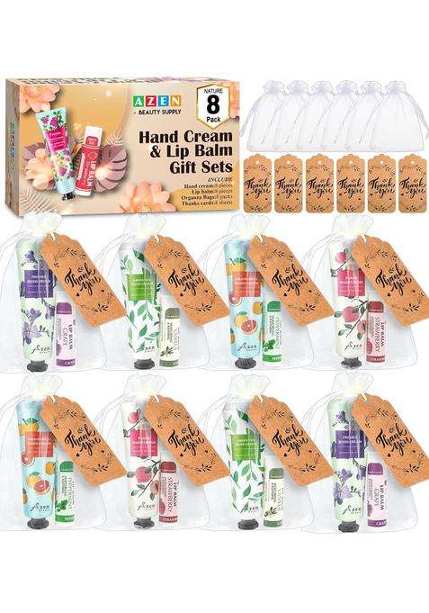 AZEN 8 Sets Bulk Gifts Hand Cream and Lip Balm Bulk Set with Organza Bag Thank You Card