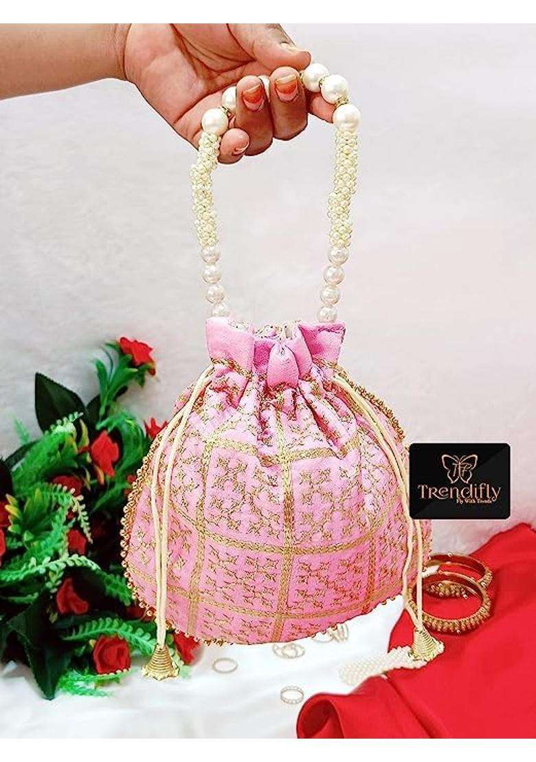 Trendifly Traditional Pearl Handle Potli Bag Bridal Wedding Return Gift Drawstring Batua Bag Wholesale - Indya