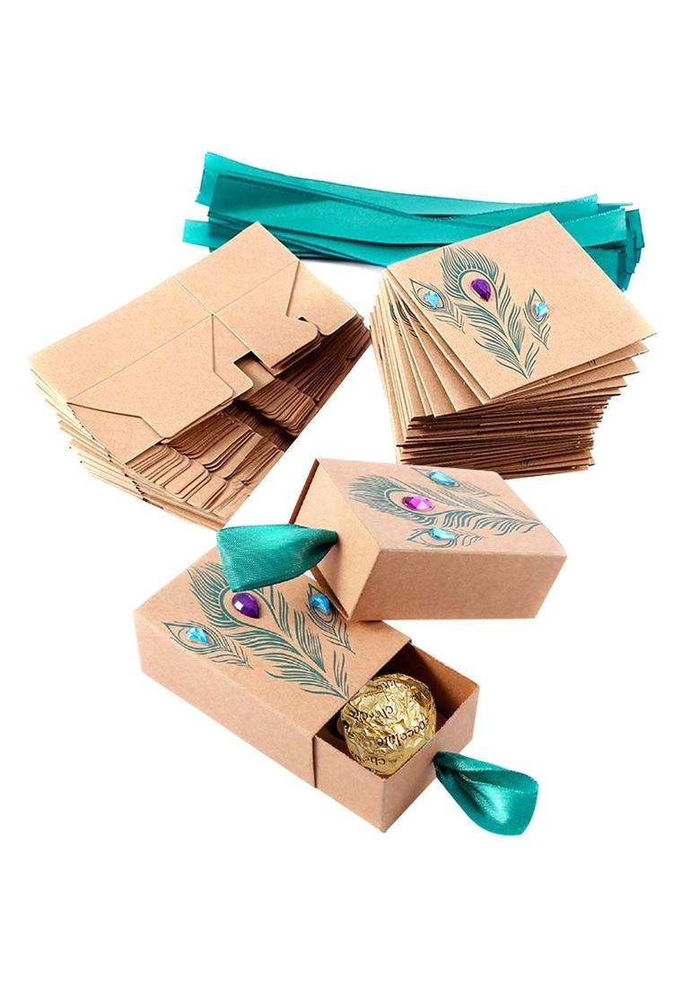 Faylapa Paper 50 Sets Peacock Feather Candy Boxes Drawer Design Gift Bag for Travel Theme Party Birthday - Indya