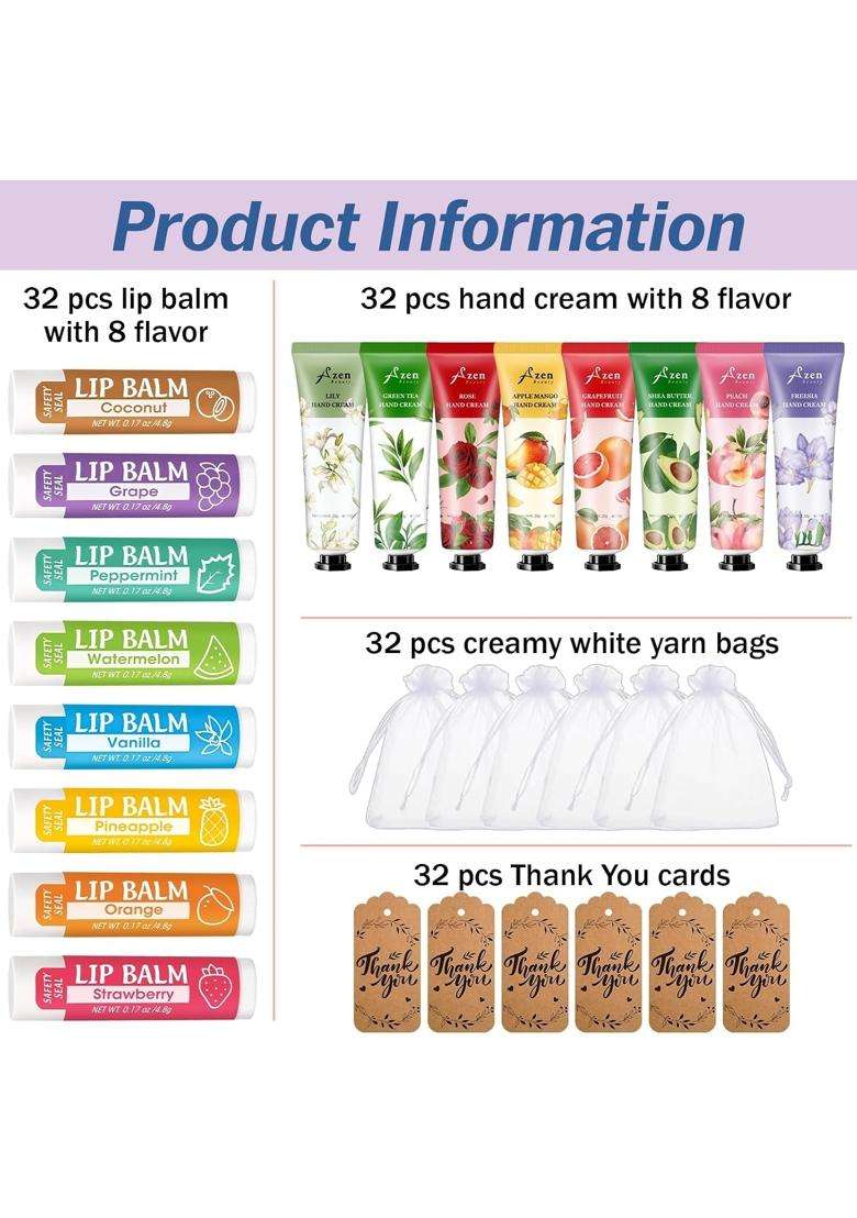 AZEN 32 Sets Bulk Gifts Hand Cream and Lip Balm Bulk Set with Organza Bag Thank You Card - Indya