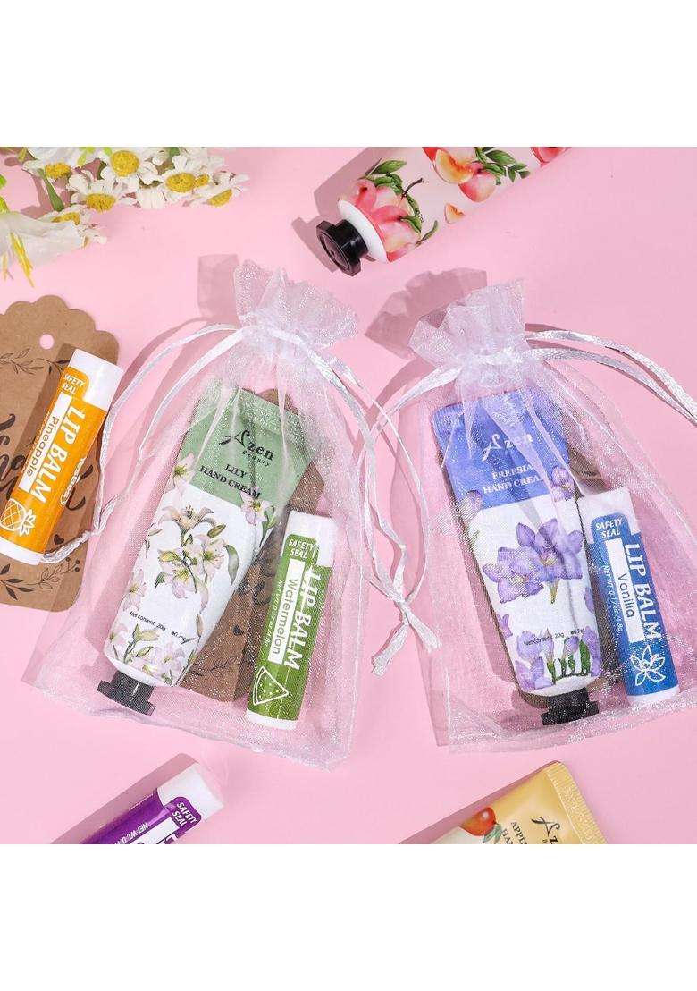 AZEN 32 Sets Bulk Gifts Hand Cream and Lip Balm Bulk Set with Organza Bag Thank You Card - Indya