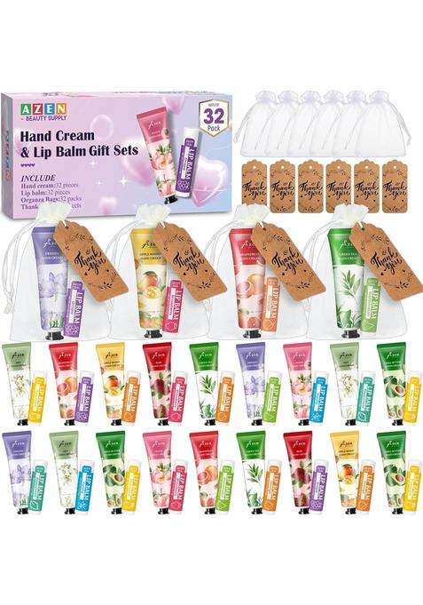 AZEN 32 Sets Bulk Gifts Hand Cream and Lip Balm Bulk Set with Organza Bag Thank You Card