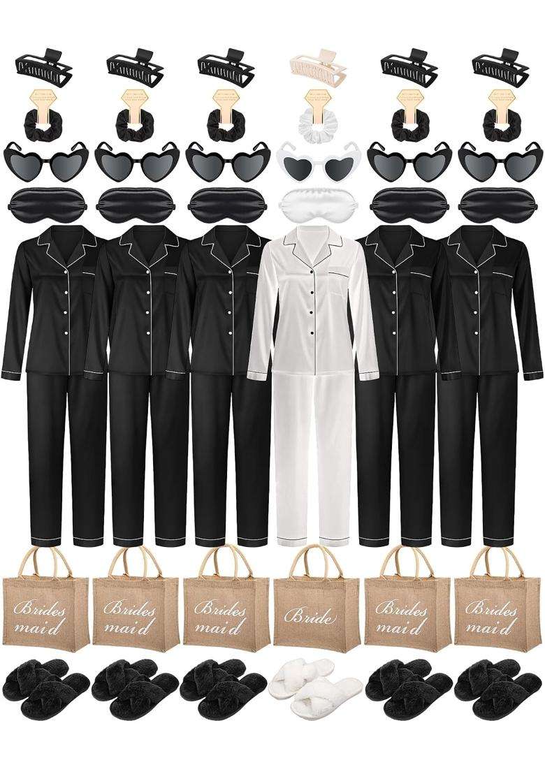 Simlakey 6 Set Bridal Shower Bride Bridesmaid Satin Pajama Set Bulk Gift Box with Sleeping Eye Mask Slippers - Indya
