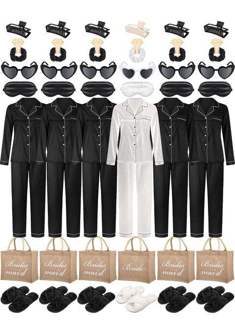Simlakey 6 Set Bridal Shower Bride Bridesmaid Satin Pajama Set Bulk Gift Box with Sleeping Eye Mask Slippers