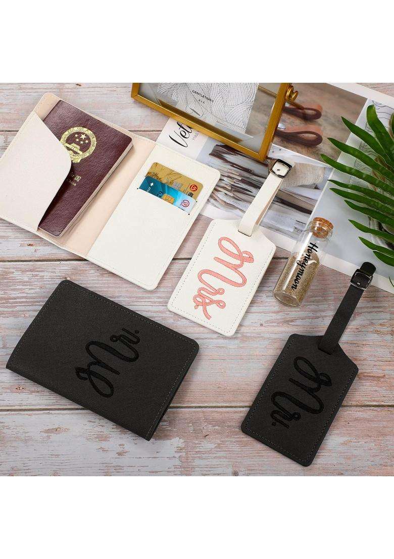 Weewooday 5 Pieces Mr and Mrs Luggage Tags and Passport Holders Honeymoon Gift Set with Sand Keepsake Jar - Indya