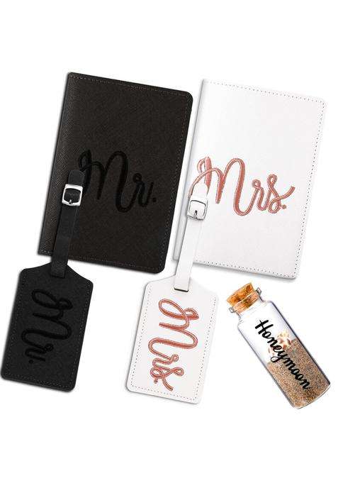 Weewooday 5 Pieces Mr and Mrs Luggage Tags and Passport Holders Honeymoon Gift Set with Sand Keepsake Jar