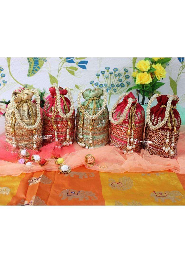 Goldgiftideas Ethnic Pearl Design Sequin Bridal Potli Bags for Women Silk Potli Purse for Return Gifts - Indya