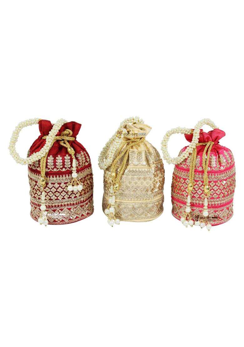 Goldgiftideas Ethnic Pearl Design Sequin Bridal Potli Bags for Women Silk Potli Purse for Return Gifts - Indya