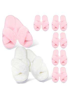 Jenpen 7 Pairs Bridesmaids Slippers Womens Cross Band Fuzzy Bachelorette Party Slippers for Wedding Bridal