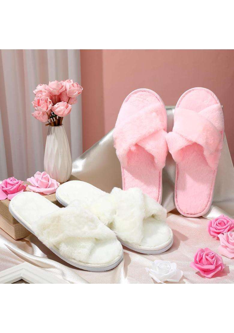 Jenpen 7 Pairs Bridesmaids Slippers Womens Cross Band Fuzzy Bachelorette Party Slippers for Wedding Bridal - Indya