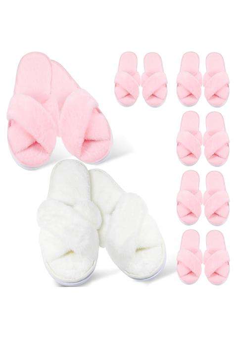 Jenpen 7 Pairs Bridesmaids Slippers Womens Cross Band Fuzzy Bachelorette Party Slippers for Wedding Bridal