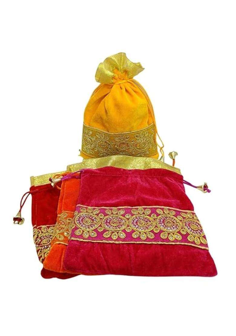 Multicolour Ruwaza Art Creations Velvet Lace Potli Batwa Bag Bridal Purse Women Handbag Shagun Pouch Return - Indya