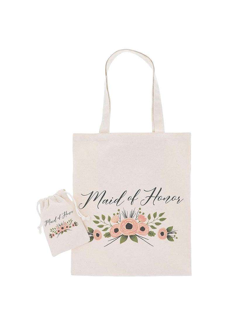 Juvale Maid of Honor Gift Set 1 Cotton Canvas Tote Bag and 1 Drawstring Pouch for MOH - Indya