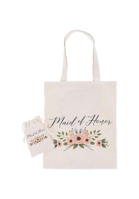 Juvale Maid of Honor Gift Set 1 Cotton Canvas Tote Bag and 1 Drawstring Pouch for MOH