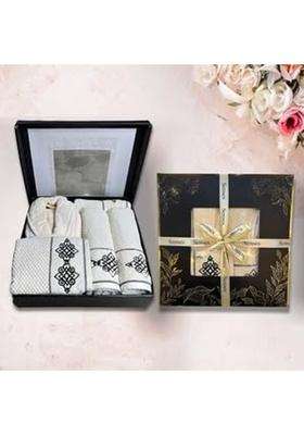 Senses by Riba Luxury Wedding Trousseau Gift Set 5 Pcs Ivory Cotton Bathrobe Embroidered Bath and Hand Towels