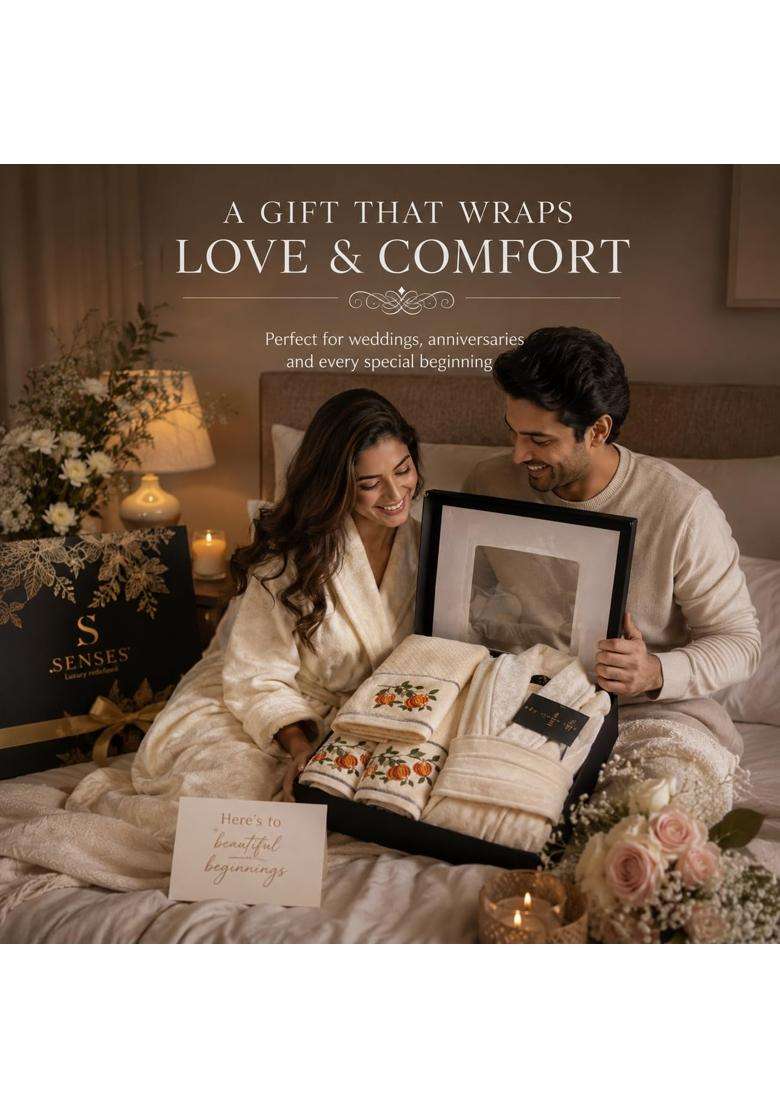 Senses by Riba Luxury Wedding Trousseau Gift Set 5 Pcs Ivory Cotton Bathrobe Embroidered Bath and Hand Towels - Indya