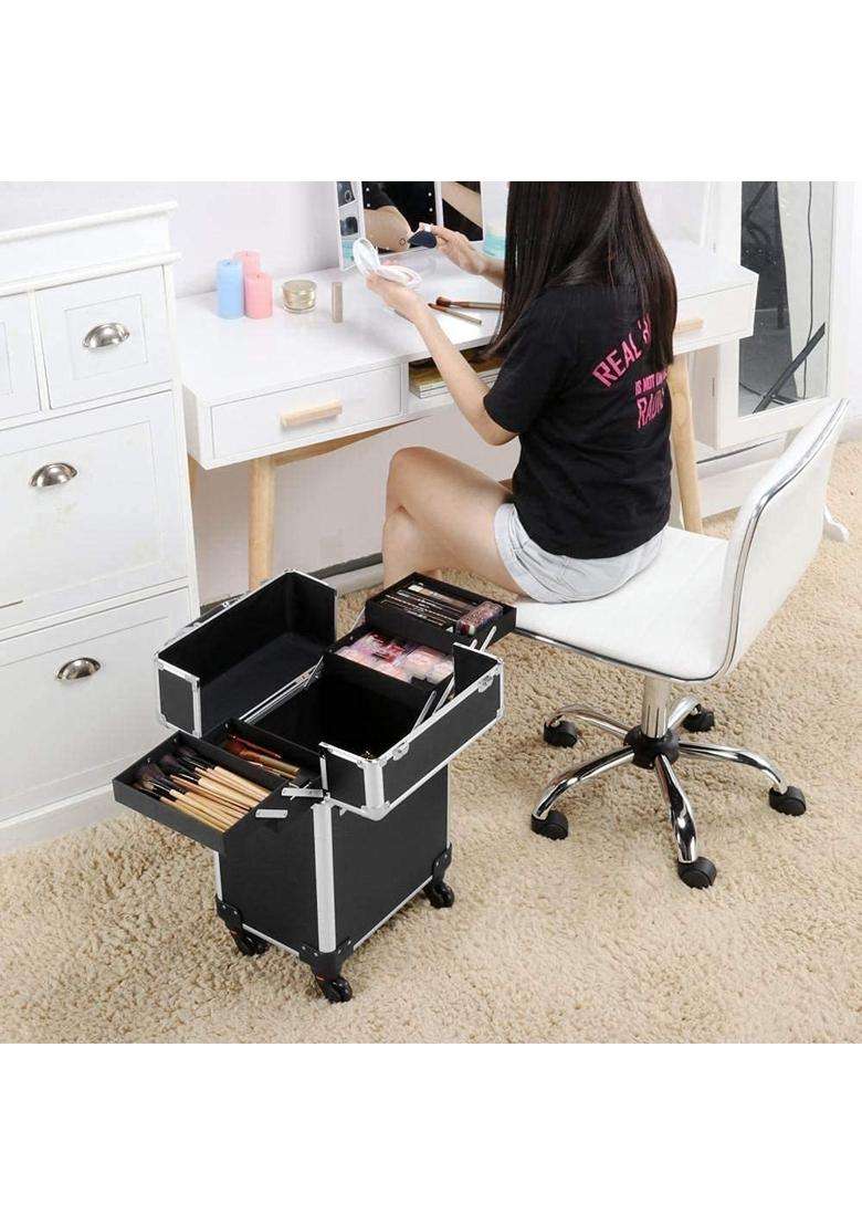 Adson Professional Beauty Makeup Cosmetic Aluminium Vanity Trolley Black - Indya