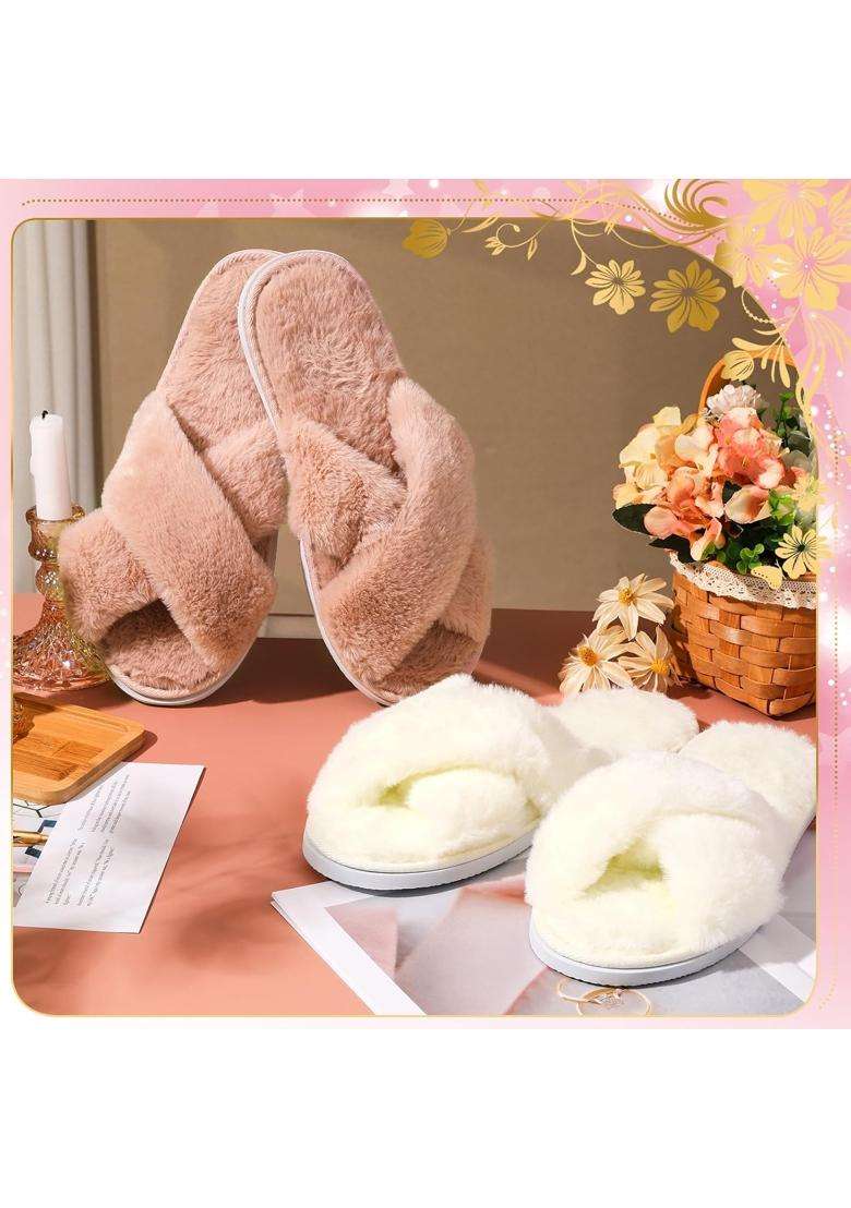 Jenpen 7 Pairs Bridesmaids Slippers Womens Cross Band Fuzzy Bachelorette Party Slippers for Wedding Bridal - Indya