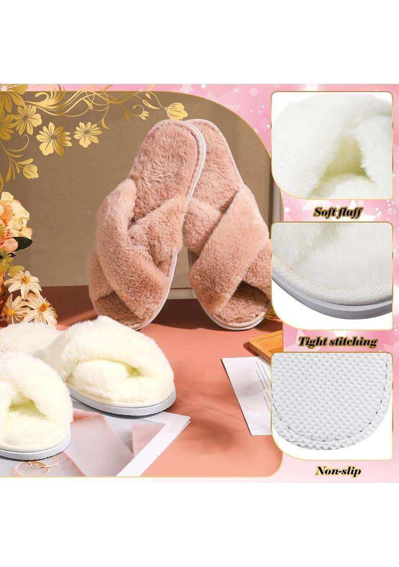 Jenpen 7 Pairs Bridesmaids Slippers Womens Cross Band Fuzzy Bachelorette Party Slippers for Wedding Bridal - Indya
