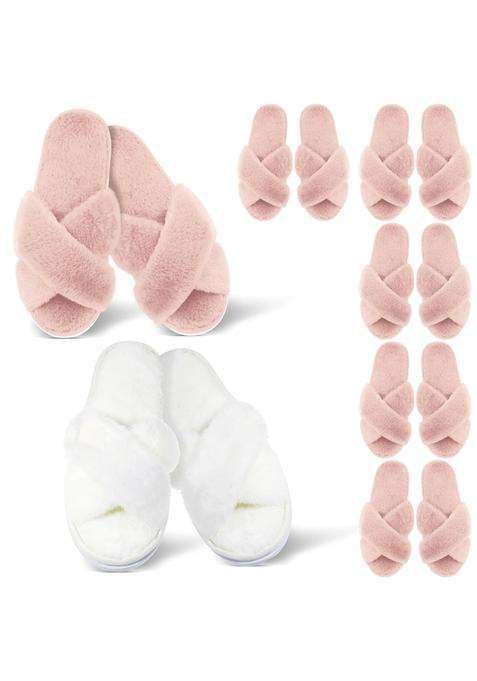Jenpen 7 Pairs Bridesmaids Slippers Womens Cross Band Fuzzy Bachelorette Party Slippers for Wedding Bridal