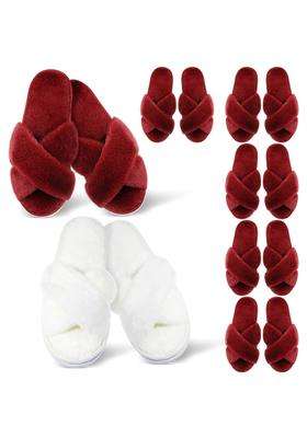 Jenpen 7 Pairs Bridesmaids Slippers Womens Cross Band Fuzzy Bachelorette Party Slippers for Wedding Bridal