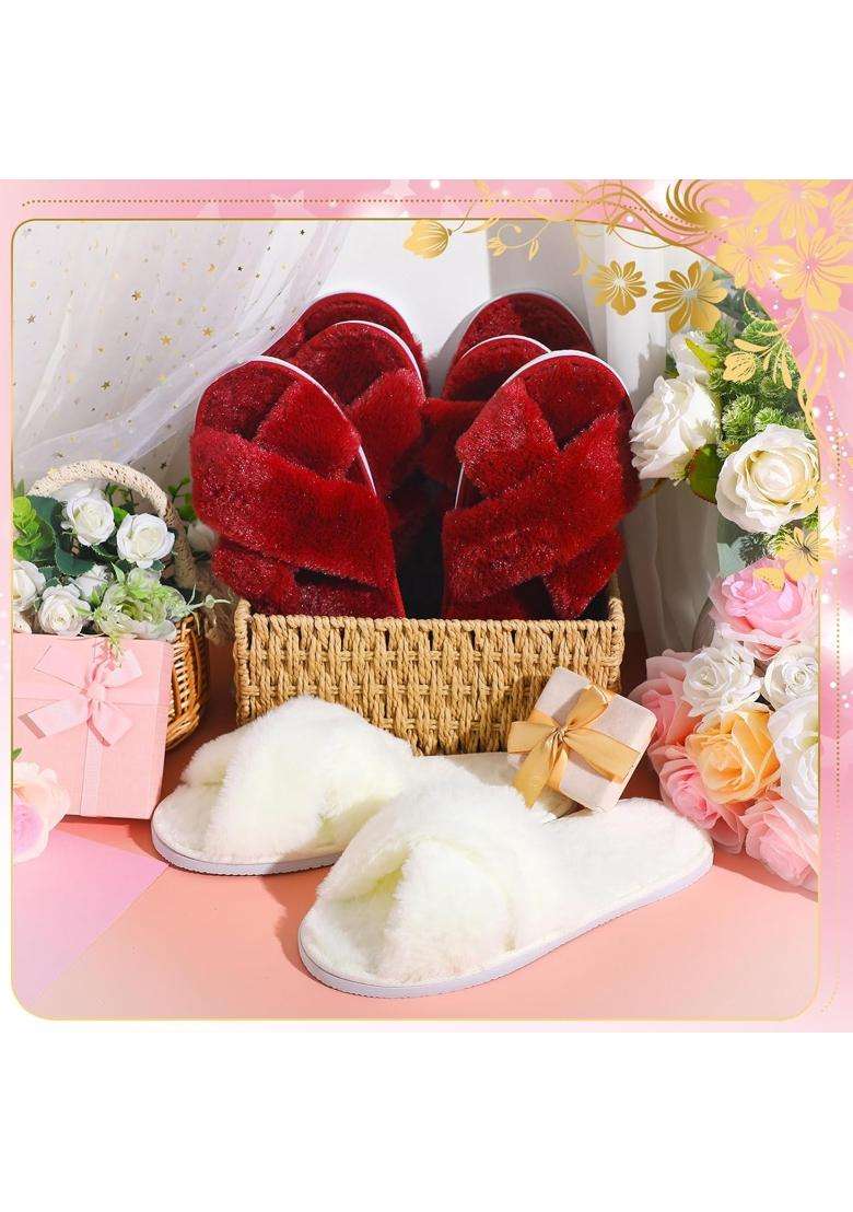 Jenpen 7 Pairs Bridesmaids Slippers Womens Cross Band Fuzzy Bachelorette Party Slippers for Wedding Bridal - Indya