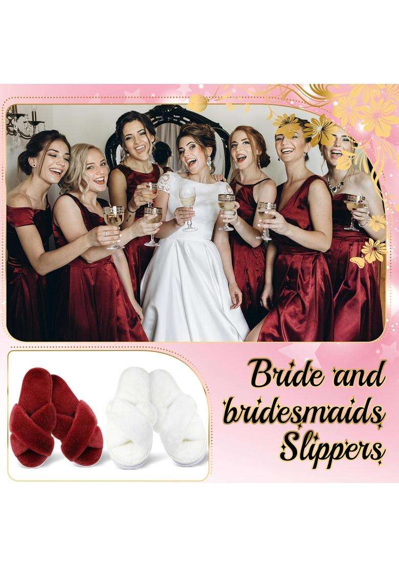 Jenpen 7 Pairs Bridesmaids Slippers Womens Cross Band Fuzzy Bachelorette Party Slippers for Wedding Bridal - Indya