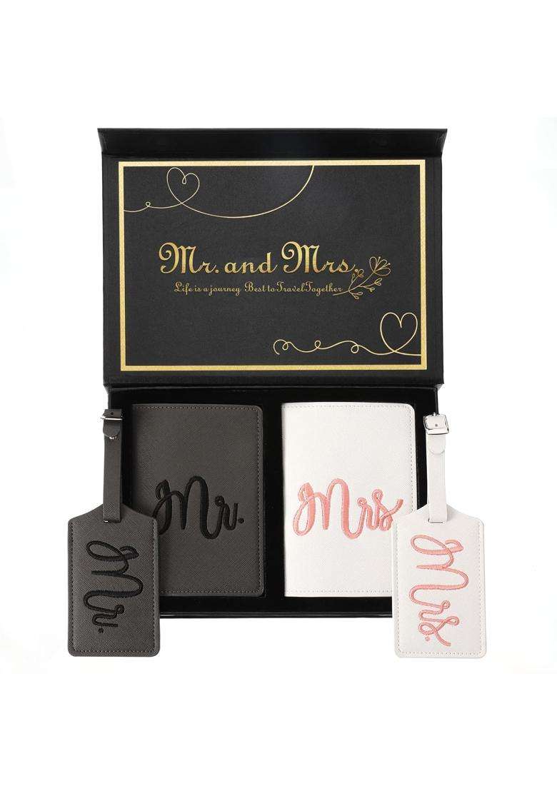 Cosweet Multicolour Mr and Mrs Luggage Tags Passport Holder for Wedding Bridal Shower Gifts - Indya